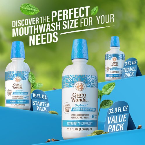GuruNanda Oxyburst Teeth Whitening Mouthwash – Alcohol & Fluoride Free, with Hydrogen Peroxide & 7 Essential Oils, Value Size for Regular Use, Wild Mint, 1 Liter/33.8 fl oz