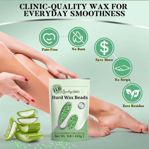 LANSLEYWAX Aloe Hard Wax Beads, 1LB Wax Beans for Sensitive Skin & Full-Body Hair Removal, Brazilian/Bikini/Face/Legs/Eyebrow/Armpit/Chest Waxing Refill at Home for Women & Men, Stripless Formula