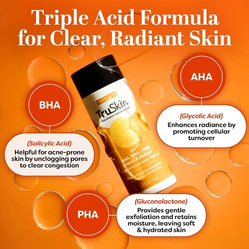 TruSkin BHA Liquid Exfoliant & Toner - Triple Acid AHA BHA PHA Formula with Salicylic & Vitamin C - 4.2 fl oz