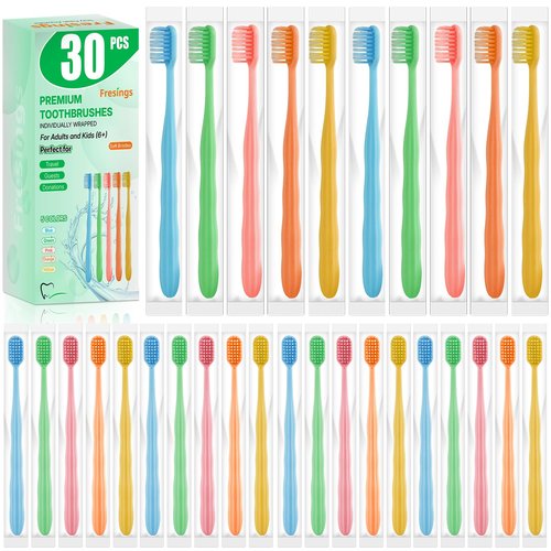 Fresings 30-Pack Premium Bulk Disposable Toothbrushes, Individually Wrapped, Soft Bristles, Peanut Grip Handle for Travel, Guest Bathroom, Hotel & Emergency Kits, Family, Kids & Adults, Single Use
