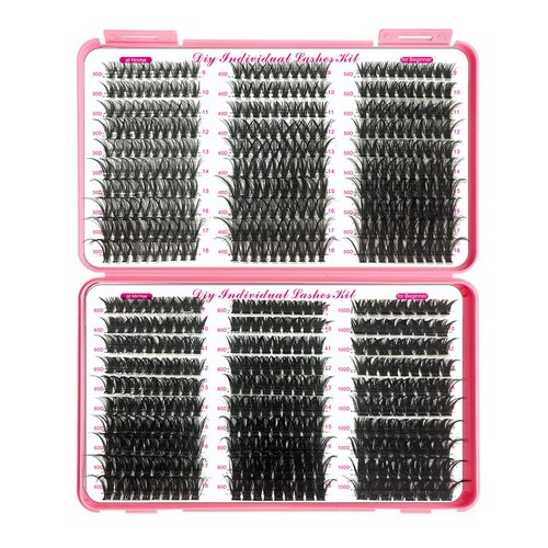 DNSGOOR DIY Lash Extension Kit 590Pcs 9-18mm D Curl Lashes Clusters with Lash Bond and Seal Glue Remover Lash Shampoo Cleansing Brush Headband Wristband Tweezers Eyelash Brush Applicator