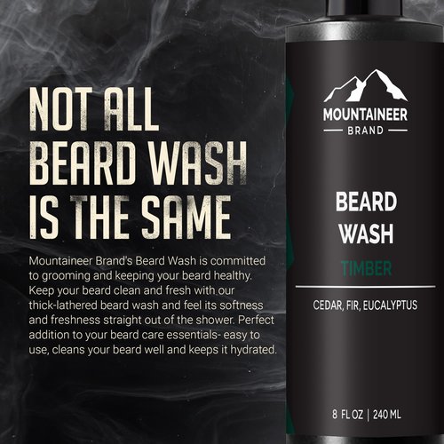 Mountaineer Brand Beard Wash For Men | 100% Natural Beard Shampoo | Thick Cleaning Softening Lather for Hair and Skin | Hydrate and Detangle | Grooming Treatment | Timber Scent 8oz