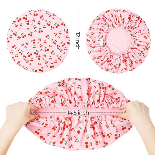 Skiennix Shower Cap - Reusable Terry Lined Waterproof Cap for Long Thick Hair - Pink