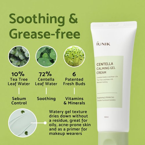 IUNIK Centella 70% Calming Gel Cream Vegan Non-Sticky Moisturizing Blemish Care w/Centella Asiatica Tea Tree 10% Soothes Acne Rosacea Oily & Sensitive Skin Korean Skincare BOGO 1+1