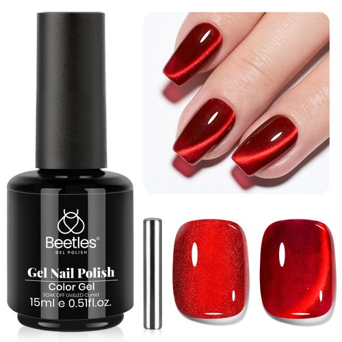 beetles Gel Polish Ruby Red Cat Eye Gel Nail Polish - 15ML Valentine's Day Red Cat Eye Glitter Gel Polish Magnetic Shimmer Effect Soak Off UV French Nail Art Design Salon DIY Manicure Gifts for Women