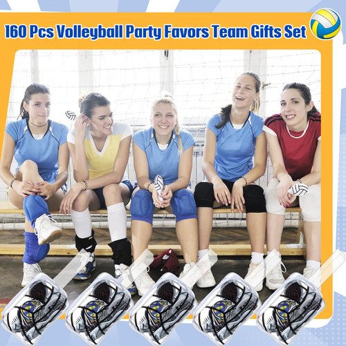 Meanplan 160 Pcs Volleyball Party Favors Volleyball Team Gifts Set Sports Accessories Include Cosmetic Bags Bracelets Hair Ties Hairbrushes Compact Mirrors Stickers for Sports Party Supplies