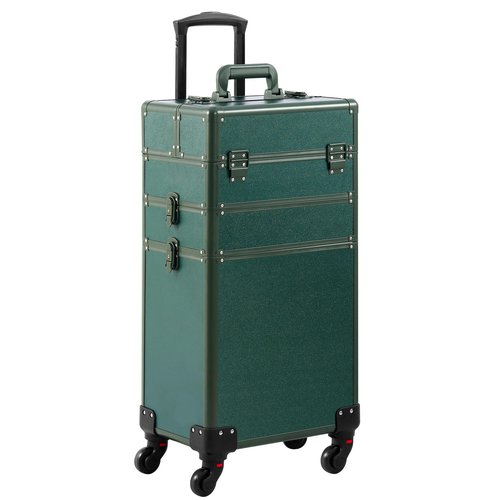 Somduy Makeup Train Case, Rolling Makeup Case, 3 in 1 Cosmetology Case on Wheels, Christmas Gift, Large Makeup Case Organizers, Profesional Cosmetic Case for Salon Barber, Green