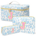 3 PCS Travel Makeup Bag Set, A–Z Initials Cotton Quilted Cosmetic Bag for Women & Preppy, Personalized Toiletry Bag Travel Accessories Makeup Brushes Organizer, Valentine’s Day & Birthday Gift for Her