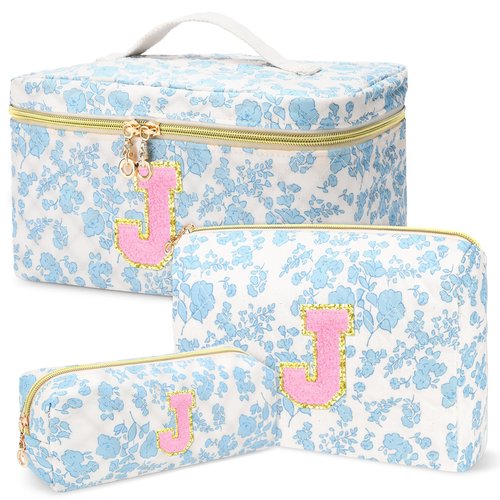 3 PCS Travel Makeup Bag Set, A–Z Initials Cotton Quilted Cosmetic Bag for Women & Preppy, Personalized Toiletry Bag Travel Accessories Makeup Brushes Organizer, Valentine’s Day & Birthday Gift for Her