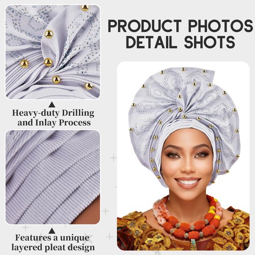 Nigerian headwear African headscarf,Auto Gele headband,hand wrap beaded - made for weddings parties events (White)