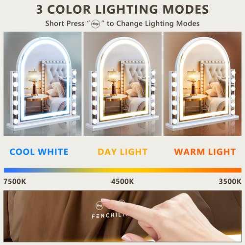 FENCHILIN Arch Vanity Mirror with Light 23.4"x22.4" Arched Makeup Mirror Lighted Hollywood Mirror with 12 Dimmable Bulbs and Light Strip with Smart Control 3 Color Modes White