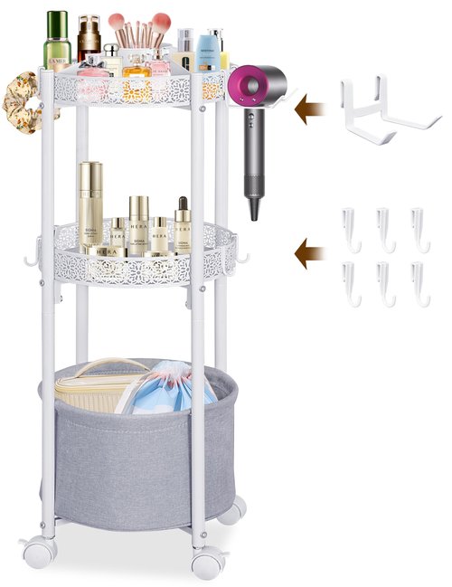 NauwaBarn Rolling Makeup Cart Organizer with Removable Hair Dryer Holder, 3 Tier Round Floor Makeup Organizer with Wheels for Cosmetic, Perfume, Nail Polish, Small Space Bathroom Storage Cart, White
