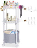 NauwaBarn Rolling Makeup Cart Organizer with Removable Hair Dryer Holder, 3 Tier Round Floor Makeup Organizer with Wheels for Cosmetic, Perfume, Nail Polish, Small Space Bathroom Storage Cart, White