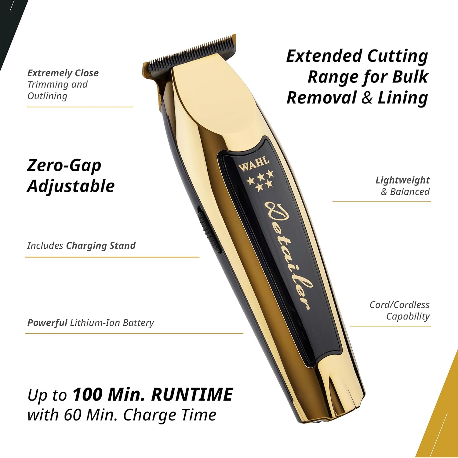 Wahl Professional 5 Star Cordless Detailer Li Trimmer - T Wide Blade, 100 Min Runtime, Charging Stand Included