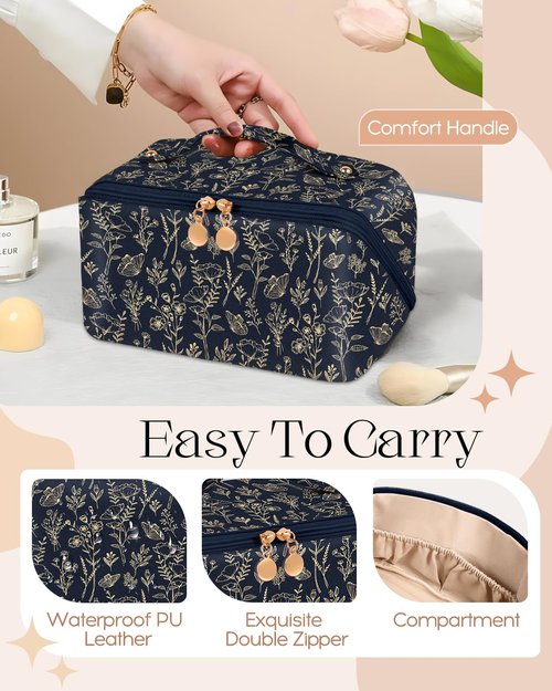 Bistup Makeup Bag Travel Cosmetic Bag Toiletry Make Up Bags Cute Women Large Capacity Big Medium Leather Black and Gold Floral Aesthetic Girl Teen Teenage Foldable Expandable Open Flat Zip