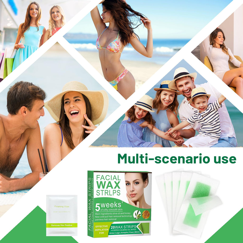 Wax Strips for Hair Removal - 98% Natural Formula for Sensitive Skin, Facial Hair Removal for Women - Gently and Quickly Removes Hair from Eyebrows, Body, Legs, and Bikini Line- Hypoallergenic 2Pcs