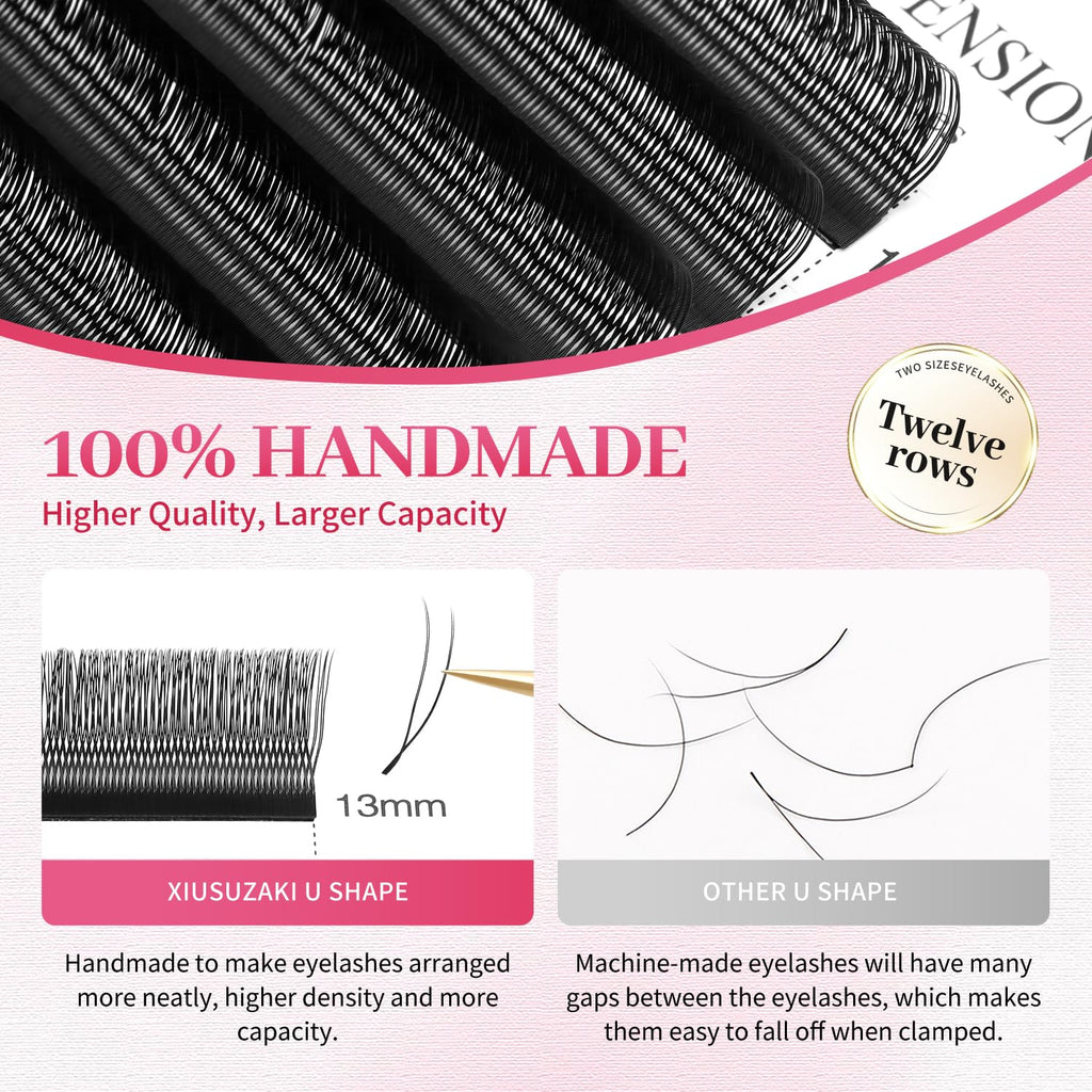 XIUSUZAKI Double Tips U Shape Eyelash Extension 0.07 D Curl Volume Premade Fans Matte Black Cluster Lash Extensions(U-Double Tips-0.07 D-8-15mmMIX)