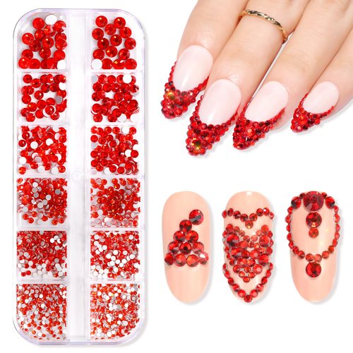 Makartt Red Nail Rhinestones Flatback Rhinestones Multi-Size Round Crystal Glass Nail Charms Diamonds Nail Jewels for DIY Crafts Makeup Nail Art Supplies Accessories Christmas Gift
