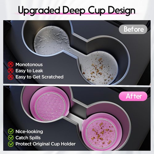Amooca Car Cup Coaster - Universal Non-Slip Holders with Bling Crystal Rhinestones | 4 Pack Pink