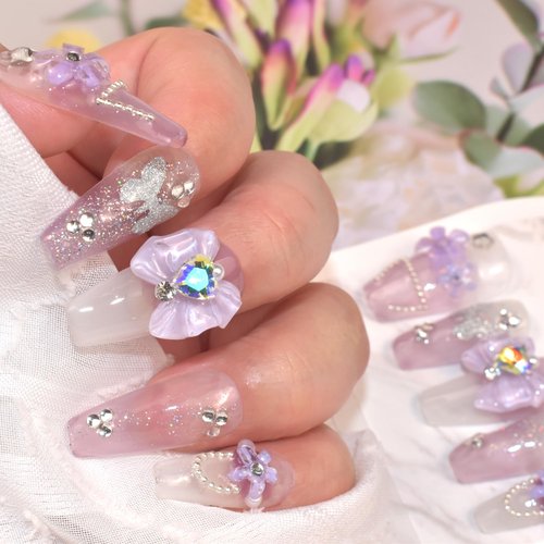 Handmade Fake Nails Long Purple Rhinestones Bow Flowers Design Press-on Nails Printing Glitter Silver Butterfly False Tips 10Pcs Size L