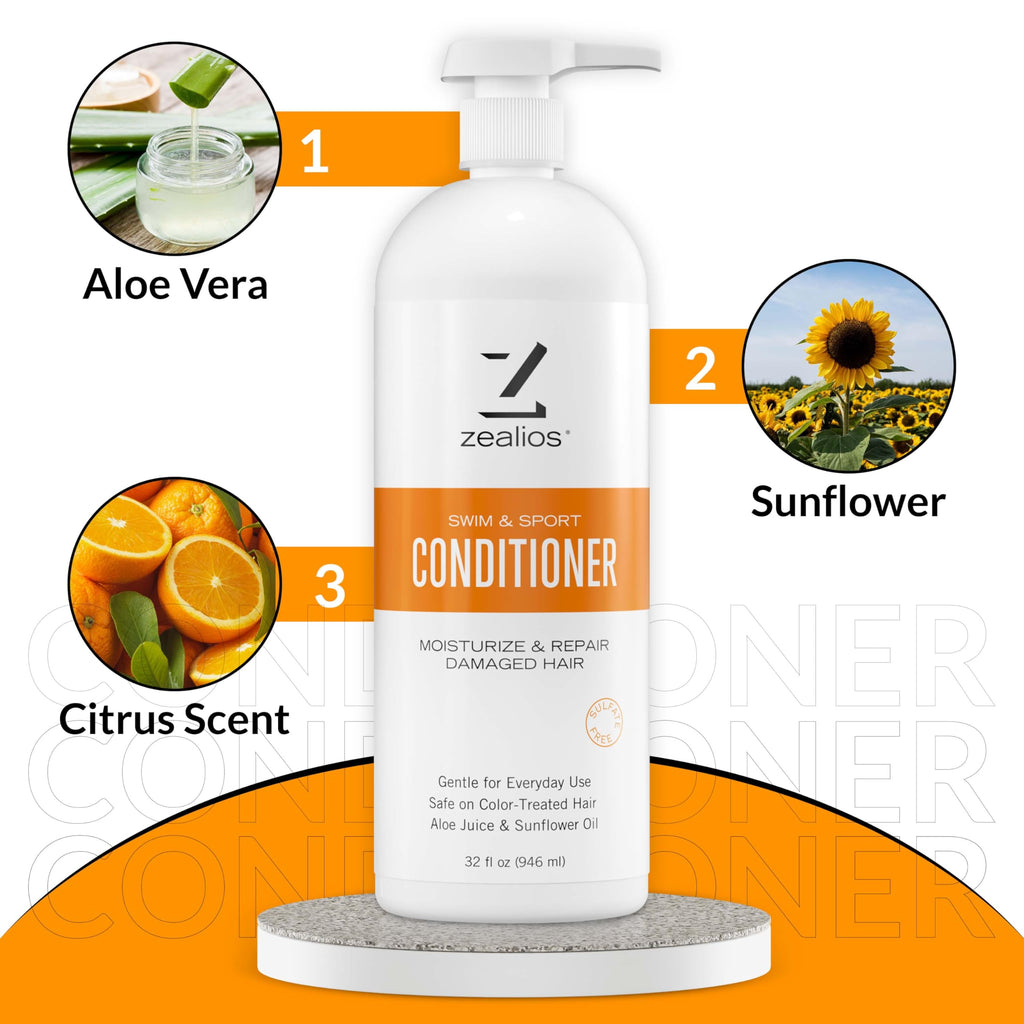 Zealios Swim & Sport Conditioner 32 Oz - Sulfate-Free Moisturizing Hair Conditioner, Hair Treatment for Swimmers & Athletes, Chlorine Removal, Hydrating, Vegan, Protects Color Treated Hair