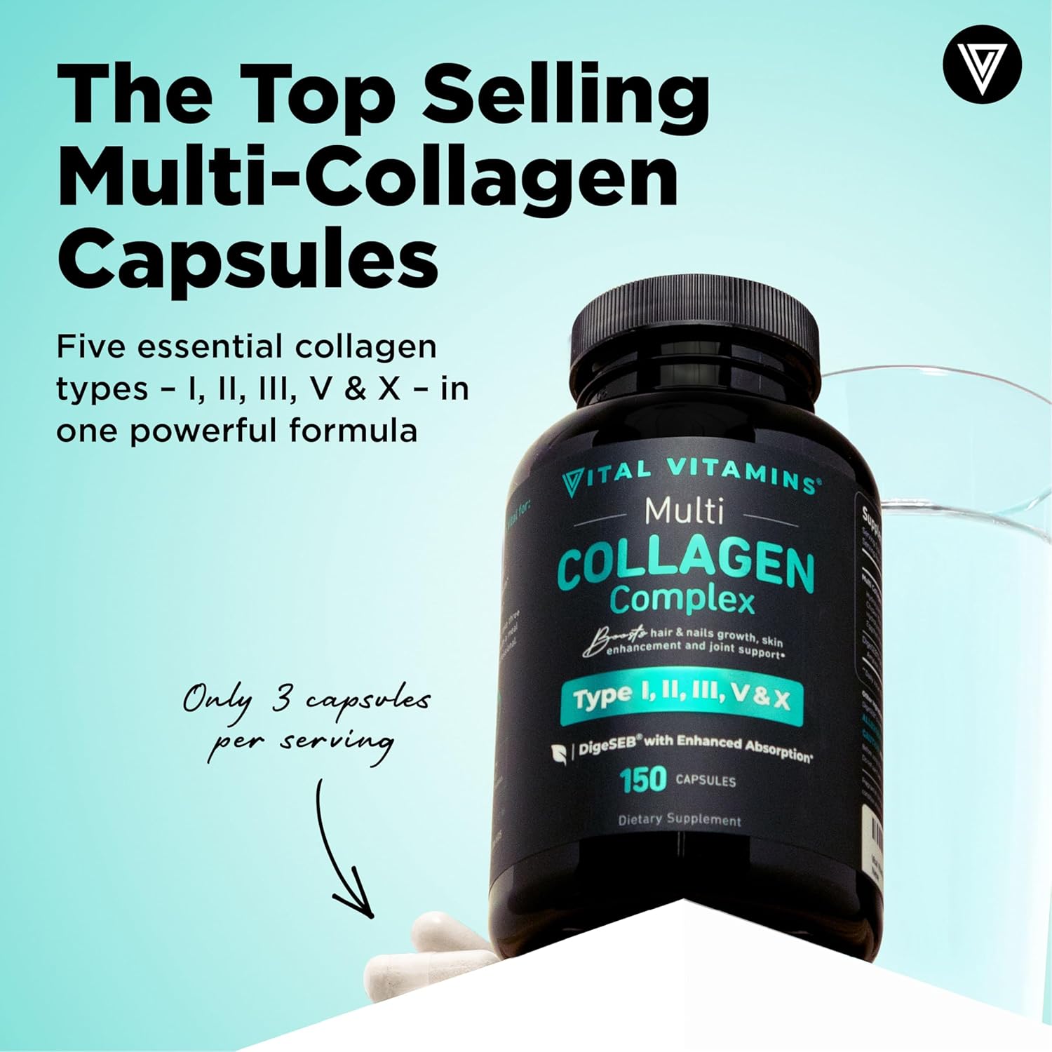 Vital Vitamins Multi Collagen Capsules - Types I, II, III, V, X - Grass Fed & Non-GMO - 150 Count