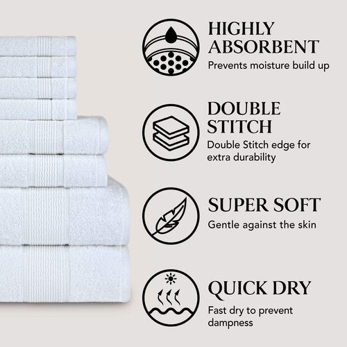 DecorRack 8 Piece Towel Set, Cotton, Highly Absorbent, Super Soft, Quick Dry, 4 Washcloths (13"x13"), 2 Bath Towels (27"x54"), and 2 Hand Towels (16"x28"), White (Set of 8)