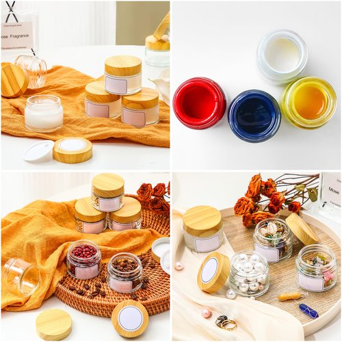 Layhit 48 Pcs 50 ml Cosmetic Glass Jars with Lids 1.69 oz Small Jars with Plastic Woodgrain Lids, White Labels and Inner Liners Empty Round Cosmetic Containers for Creams Lotions Powder Candle Making