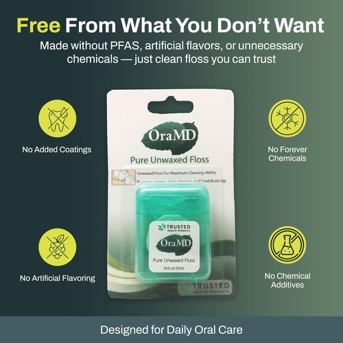 OraMD Oral Care Pure Unwaxed Dental Floss 54.6 Yards - PFAS-Free, Chemical Free, Shred Resistant - Unscented and Ultraclean Plaque Removal - Teeth and Gum Protection for Adults - Pack of 6