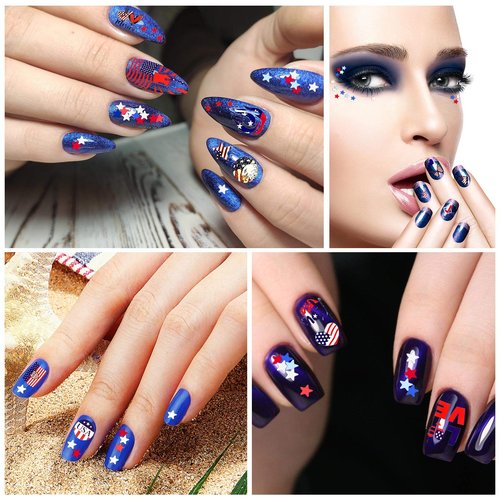 Maitys 16 Sheets 4th of July Nail Art Stickers Independence Day Nail Decals 3D Self-Adhesive Patriotic American Flag Sticker 12 Grids Star Glitter Sequins DIY 250th Anniversary Decoration Accessories