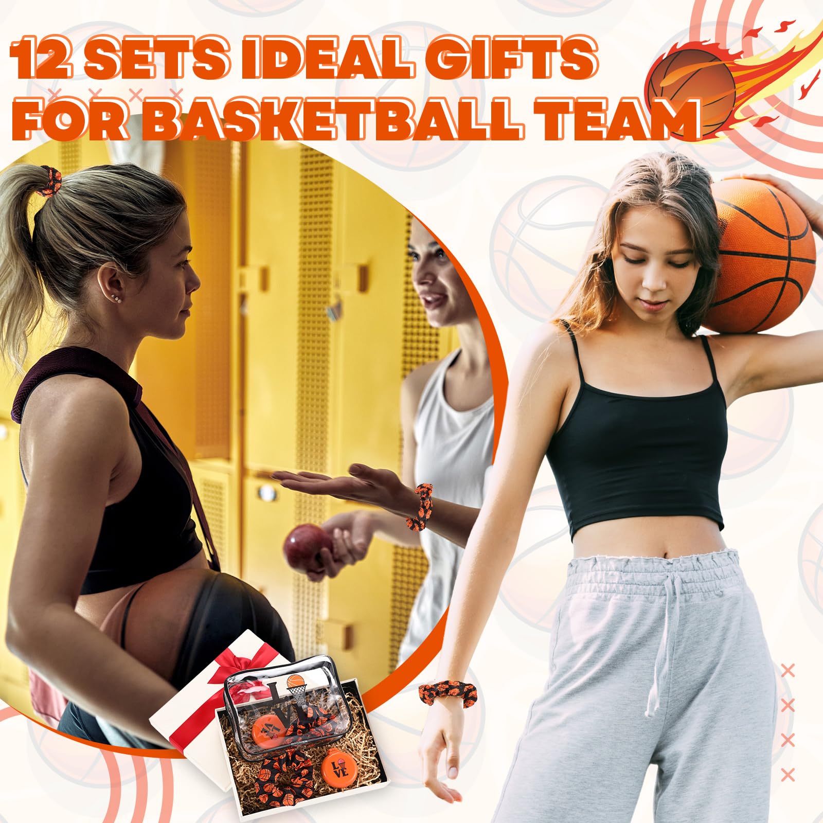Yungyan 36 Pcs Basketball Gifts 12 Basketball Makeup Bag for Women Party Favors Team Gifts with 12 Sport Hair Scrunchies 12 Round Portable Folding Brush