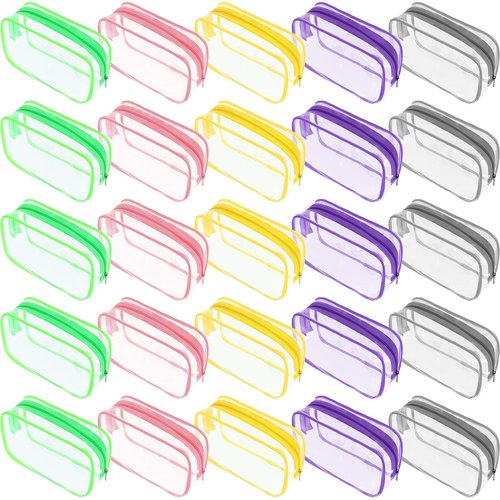 Reginary 25 Pcs Clear Makeup Bags Bulk Cosmetic Bags with Zipper Travel Toiletry Bags Waterproof Portable Transparent Zippered Pouches for Women Men Travel Bathroom Business (Bright Color)