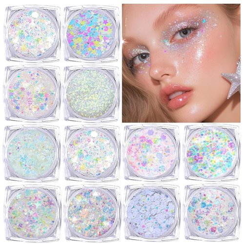 Skiennix Body Glitter - 12 Shapes Fine & Chunky Glitter Gel for Makeup & Festivals | White Scheme
