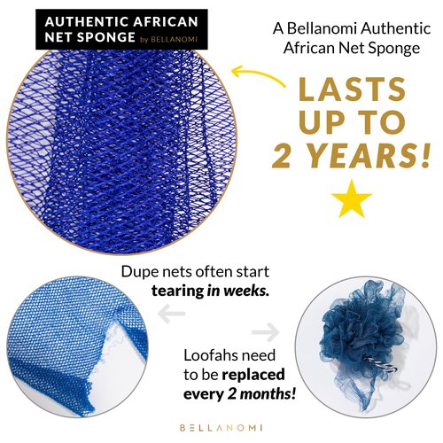 BELLANOMI African Exfoliating Net Sponge 2-Pack Sapo – Authentic & Ethically Sourced, 45" Long Back Scrubber, Quick-Dry 100% Nylon, Gentle Exfoliation Great for Daily Use (Emerald Green & Yellow)