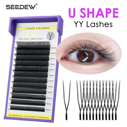 SEEDEW U Shape YY Lash Extensions, UYY 0.07mm D Curl MIX8-15mm 12 Rows/Tray, Natural Soft Lightweight Eyelashes Grafting for Lash Artists, Beauty Salon (Matte Black-0.07-D-MIX8-15mm) UYY