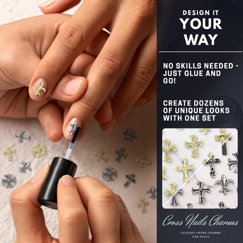 Silver and Gold Cross Nail Charms – 240 Pcs Cross Charms for Nails Crafted from Acrylic & Alloy, Long-Lasting Metallic Shine – Easy-to-Use Nail Decorations for Home, Salon & Holiday Manicure Ideas