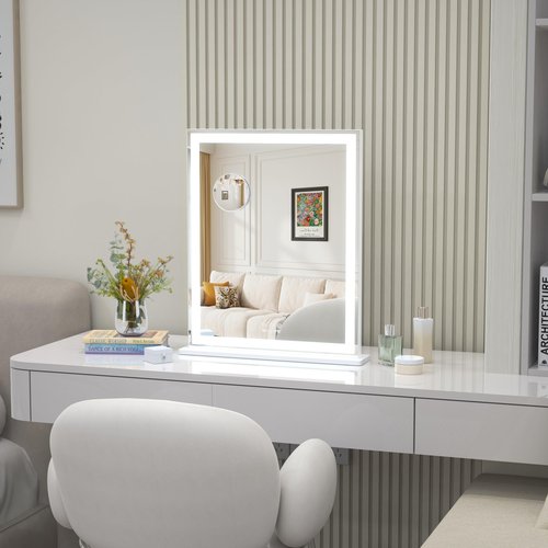 ANYHI Vanity Mirror with LED Light, 24"x20.5" Lighted Vanity Mirror with 10X Magnifying, 3 Color Modes, Dimmable, Smart Touch Control, Aluminum Frame, Tabletop/Wall Mount, White