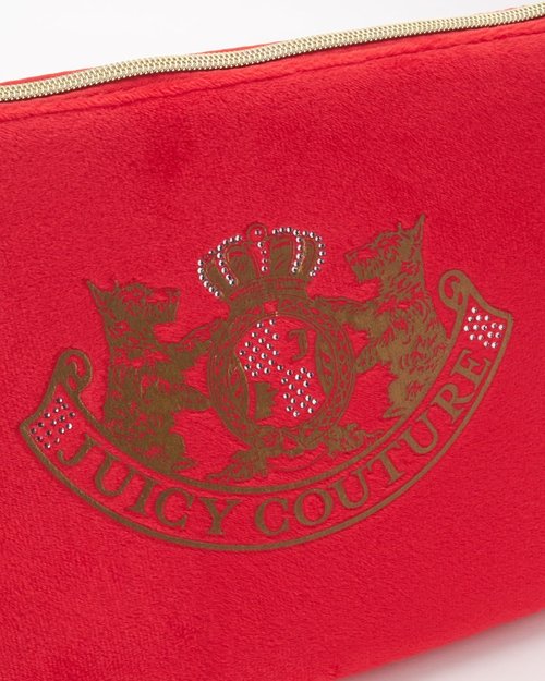 Juicy Couture Red Makeup Bag - Stylish Velour Organizer with Rhinestones & Zip Top | Travel Essentials