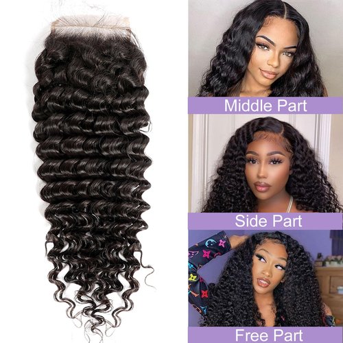 DSEKCAIN Closure Human Hair 5x5 HD Lace Closure Human Hair Closure Deep Wave Transparent HD 5x5 Lace Closure Deep Curly Closure RawVirgin Human Hair Pre Plucked Natural Black 1B Color 16 Inch