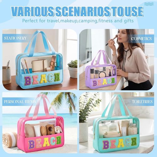 Hillban Clear Beach Makeup Bags - 6 Pcs Waterproof Travel Toiletry Set with Handle | Large PVC Nylon for Summer