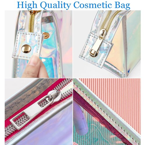 BETAM AJOJO 3 Pcs Holographic Makeup Bags, Iridescent Cosmetic Bag with 3 Colors Waterproof Cosmetic Zipper Bag Clear Portable Toiletries Travel Bag for Makeup Organizer, Brushes, Women Gifts
