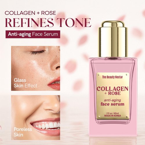 The Beauty Nectar Collagen Face Serum with Rose – Firms Skin, Boosts Hydration, Soothes Dryness – Dermatologist Tested, Anti-Aging, Korean Skin Care – Clean Vegan Formula for Sensitive Skin – 2 Fl Oz