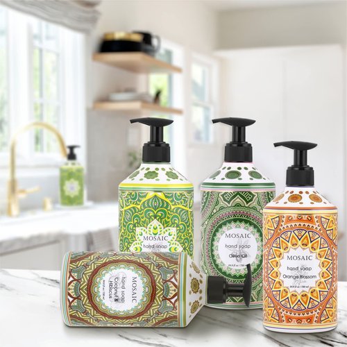 Mosaic Liquid Hand Soap / Wash Gift Set, Ideal Bathroom Kitchen Hand Soap Set , Olive Oil + Coconut & Hibiscus + Gardenia + Orange Blossom, 4 x 24.6 fl oz Each Liquid Soap Bottle