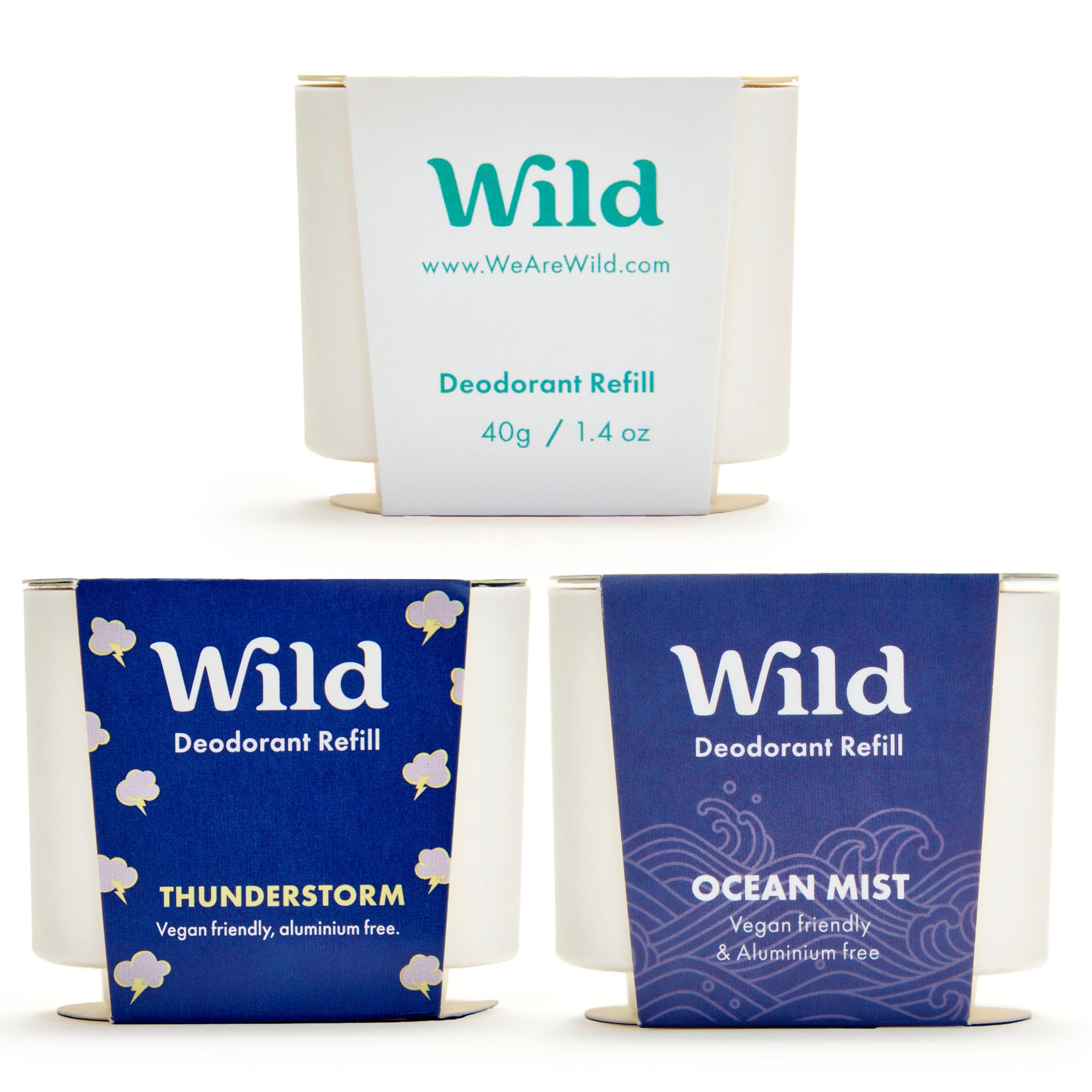 Wild - Refillable Deodorant Variety Pack with Clean Fresh Scents - Aluminum Free - Scents Include Fresh Cotton & Sea Salt, Ocean Mist & Thunderstorm - Long Lasting Protection