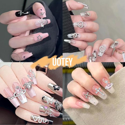 105 Pcs Silver+Gold Nail Gems Charms, Planet Crown Dollar Nail Gems Snake Star Bow Nail Charms 3D Cross Nail Art Jewelry Charms + Gold Dollar Charms for Nail Art DIY Jewel Accessories