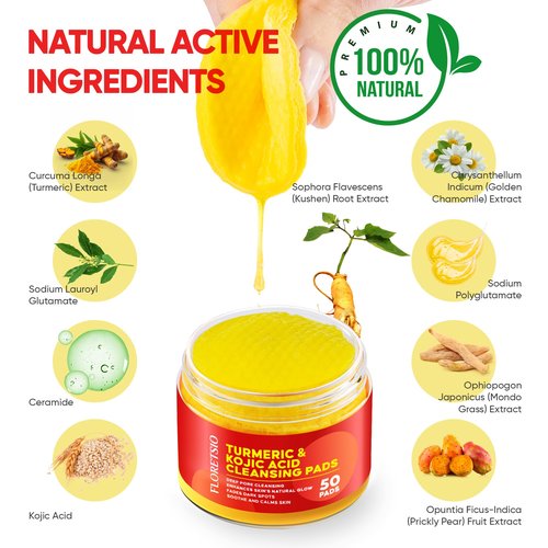 Turmeric Kojic Acid Cleansing Pads : 50pcs Turmeric Exfoliating Pad for Face - Balance Oil & Moisture, Gentle Round Cotton Pads for Face -Travel Friendly