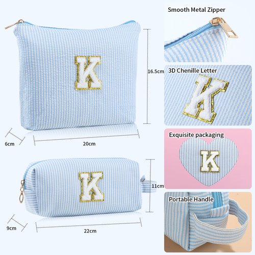 MSQ Initial Makeup Bags 2PCS Cosmetic Bag for Travel Toiletry, Birthday Gifts for Girls Girlfriend Teen Teacher Mom, Trendy Stuff Toiletry Bag, Blue K