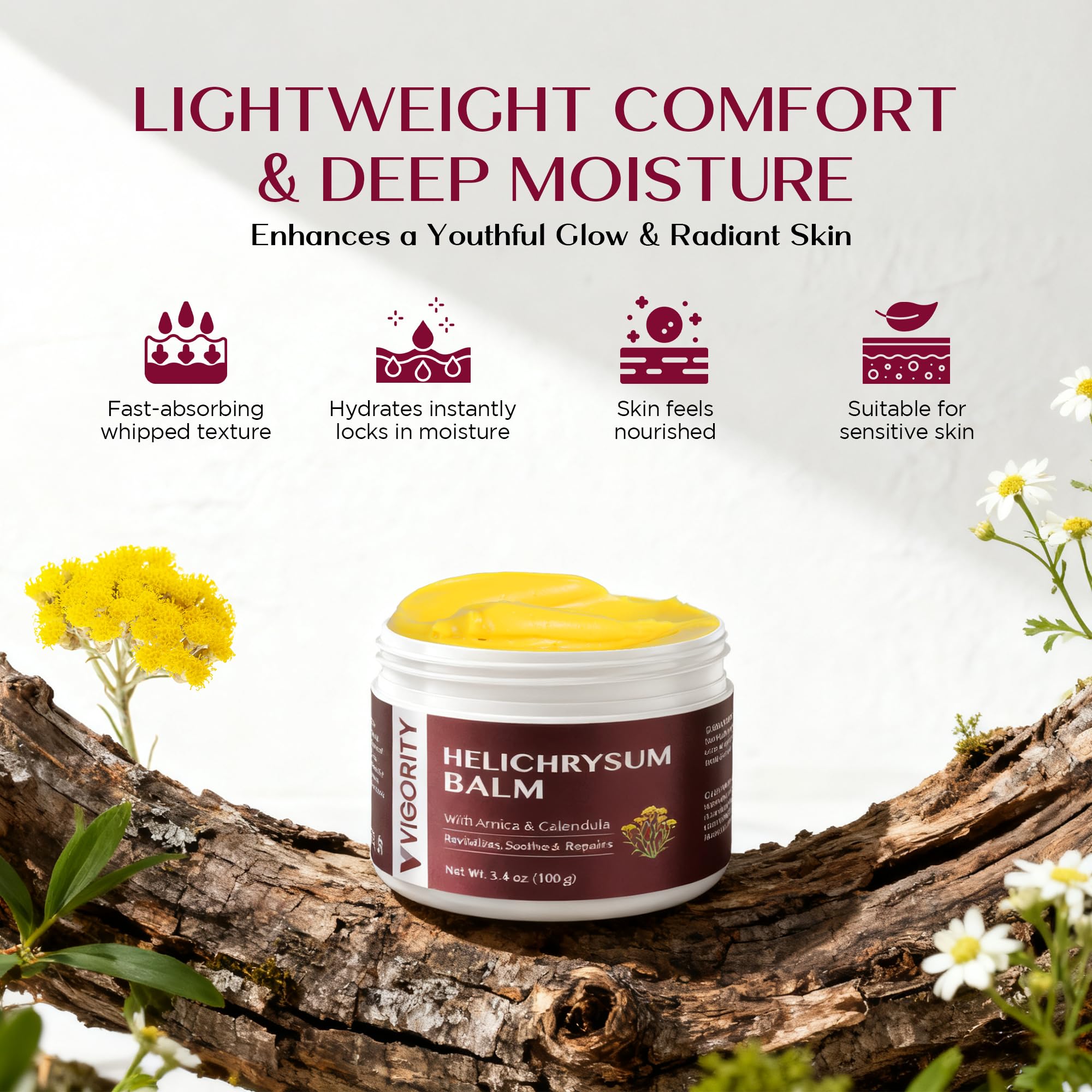 Vigority Helichrysum Balm Soothes & Repairs: Restorative Cream with Arnica & Calendula for Thin, Fragile, Bruised & Aging Skin – Moisturizes & Revitalizes Face & Body – Whipped Texture – 3.4 oz