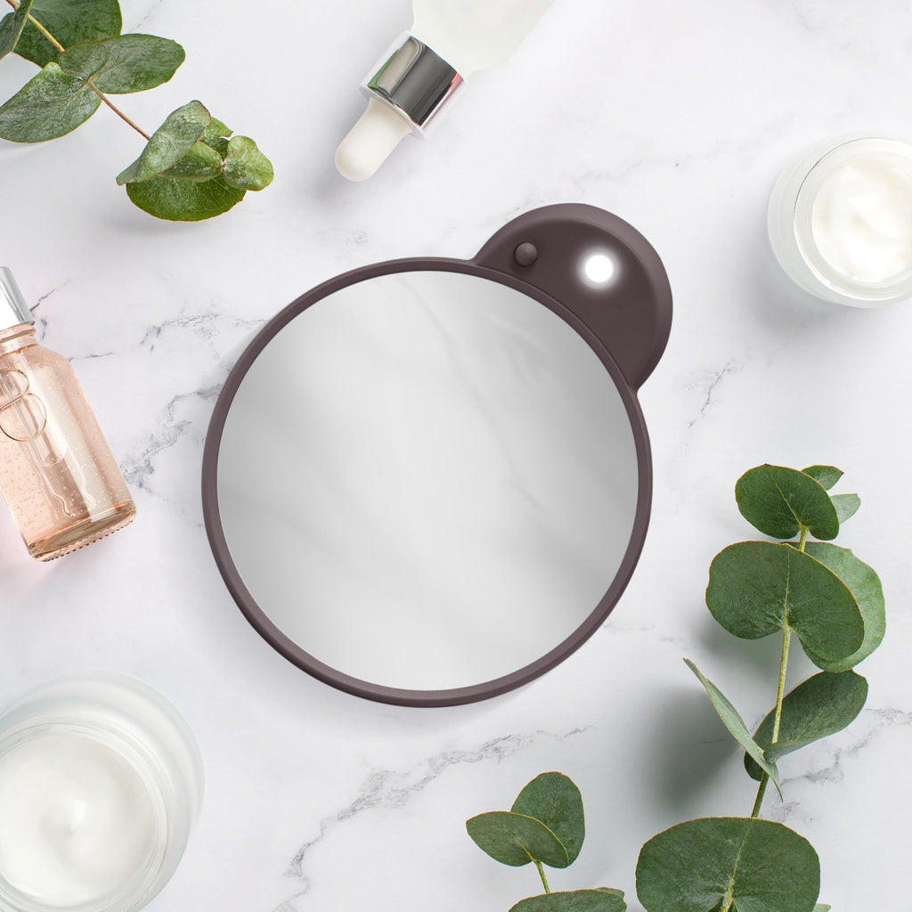 Zadro Magnification Lighted Compact Mirror with LED Light & Retractable Suction Cups – Travel Makeup Mirror, Cool White 6400K Lighting, Battery Operated, Made in USA (Chocolate, 10X | 4.3"L x 3.5"W)
