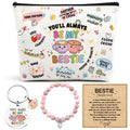 VeloKomo Bestie Gifts for Women - 3 Pcs Friendship Set with Aesthetic Makeup Bag Cute Keychain and Bracelet Travel Accessories Christmas New Year Vacation Birthday Gift for Best Friend Soul Sister